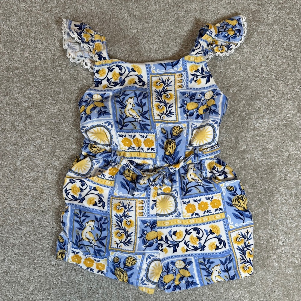 Tommy Bahama Blue and Yellow Floral Patchwork Girls Romper